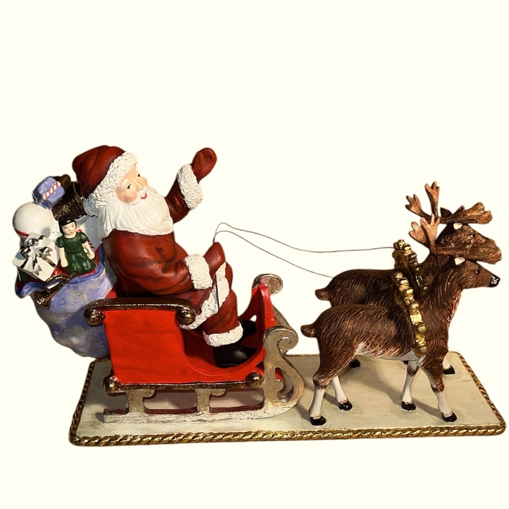 Santa in Sleigh with Two Reindeer and Toy Bag, on Stand, Vintage, Shoebox Size